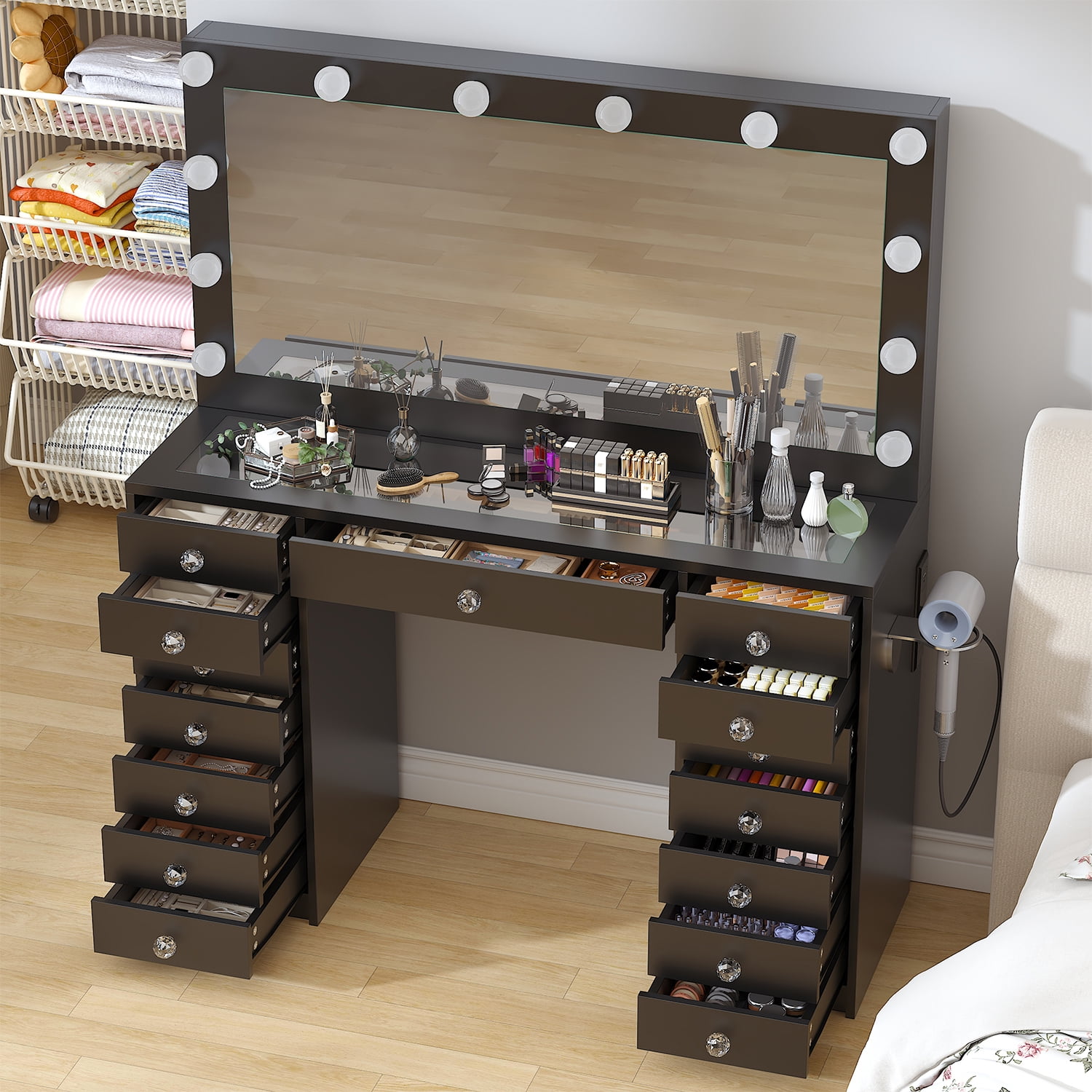 Winkalon Vanity Desk with Mirror and LED Lights, Makeup Vanity with 15 Drawers, Vanity Table with Power Outlet for Bedroom Dressing Room, Black