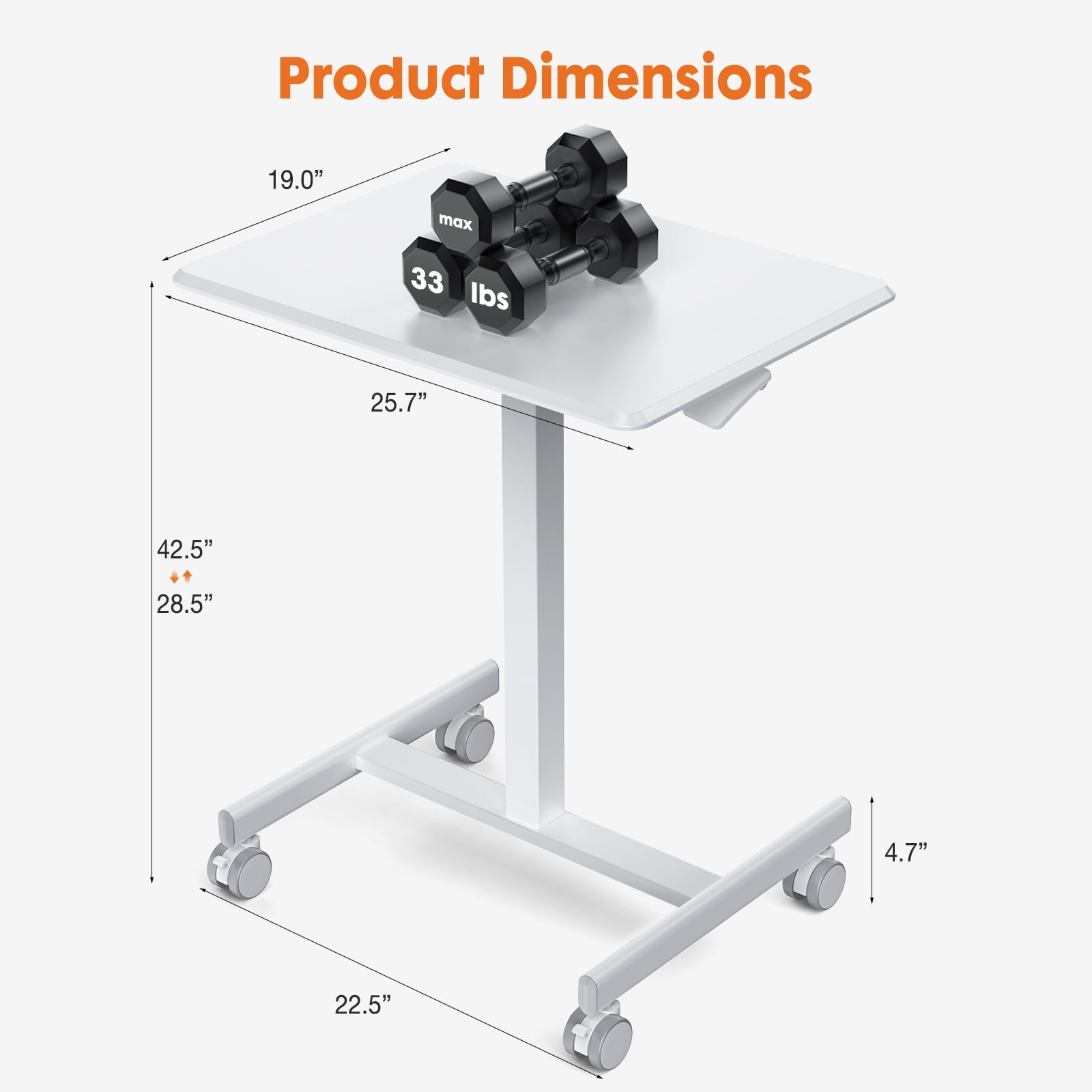 Blazezo Small Rolling Desk with Wheels, Portable Standing Desk Adjustable Height, Small Computer Desk with Lockable Casters, Compact Workstation for Home Office Use, 19 Inch Tabletop White