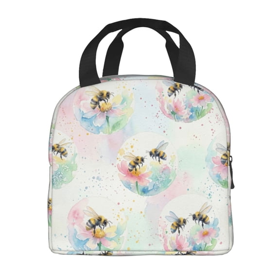 Bee Lunch Box,Reusable Insulated Lunch Bag,Flowers Large Capacity Portable Thermal Bag With Mutiple Pockets For Office,Work,Picnic