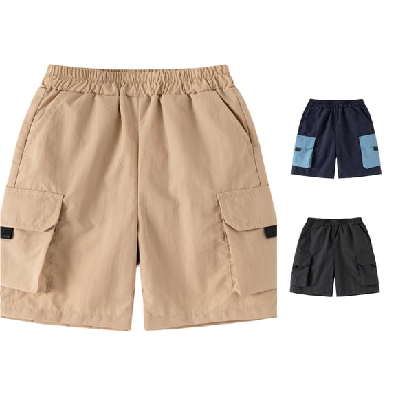 Summer Thin Breathable Little‑Kids Casual Cargo Knee Shorts, Hook‑and‑Loop Pocket Korean Trendy Outdoor for Boys