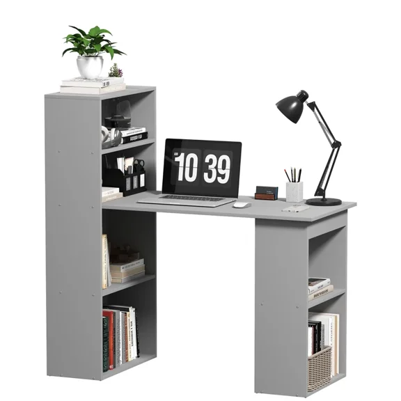 47" Computer Desk with 6 Storage Shelves, Home Office Writing Desk Workstation, Gray