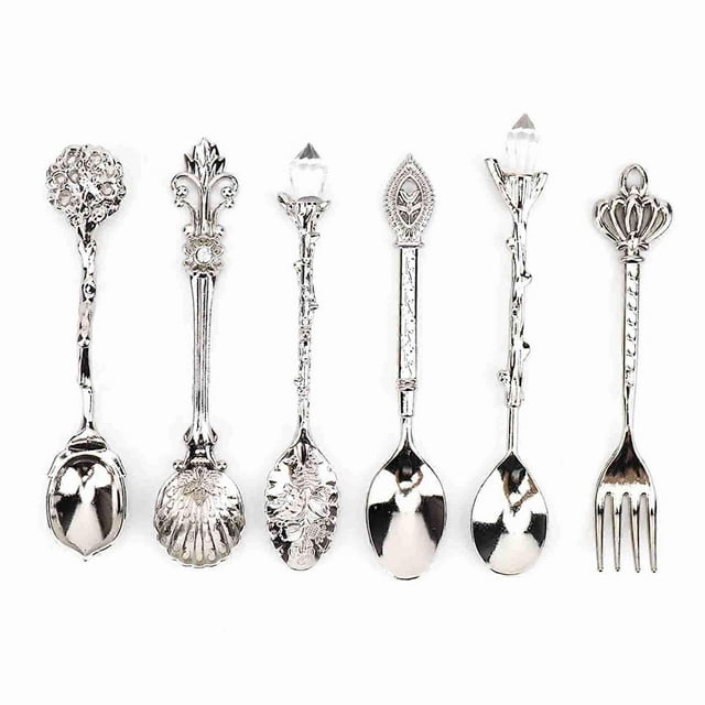 6 Pcs Zinc Alloy Spoon and Fork Set, Vintage and Innovative Style, Kitchen Accessory, Silver (Crown Fork Handle)