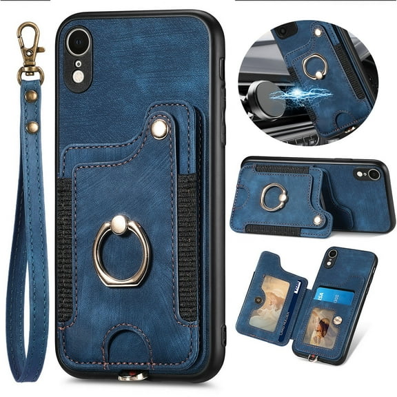 ELEHOLD for iPhone XS Max Case with Ring Holder, iPhone XS Max Wallet Case with RFID Blocking Card Holder Wristlet Strap, Magnetic Button Flip Folio Kickstand Shockproof Phone Cover,Blue
