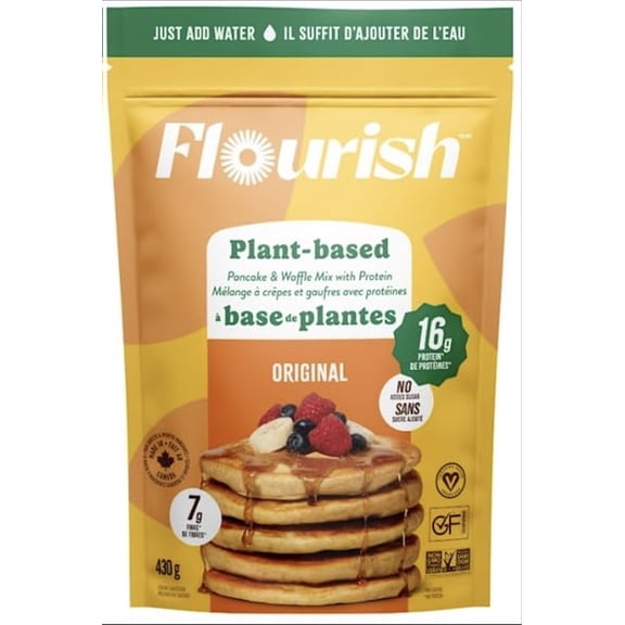 Flourish Plant-Based Protein Pancake & Waffle Mix, Gluten-Free, Dairy-Free, Nut-Free, Soy-Free, Vegan, Non-GMO, All-Natural Superfood, High Protein & Fiber, Just Add Water - Original, 430 g