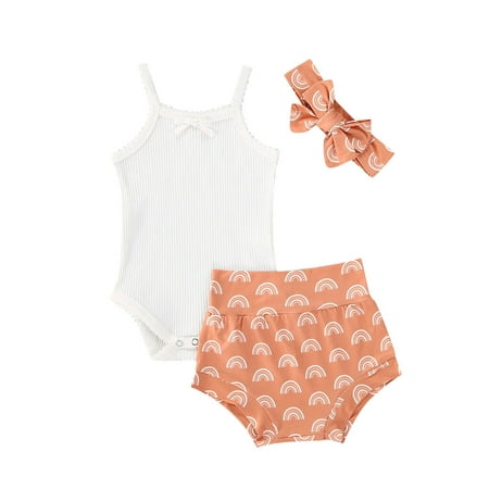 

Canrulo Toddler Baby Girl Summer Clothes Solid Sleeveless Romper Jumpsuit Rainbow Shorts Headband Summer Outfits White 0-3 Months