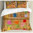thumbnail image 1 of Daffodil Queen Size Duvet Cover Set, Glass Vases with Colorful Flowers on Wooden Shelves with Pastel Effects Artsy Graphic, Decorative 3 Piece Bedding Set with 2 Pillow Shams, Multi, by Ambesonne, 1 of 3