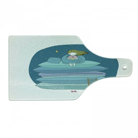 Cartoon Cutting Board, Girl Sitting on the Top of a Pile of Pillows Drinking Milk Night Bedtime, Tempered Glass Cutting and Serving Board, Wine Bottle Shape, Yellow Pink and Blue, by Ambesonne