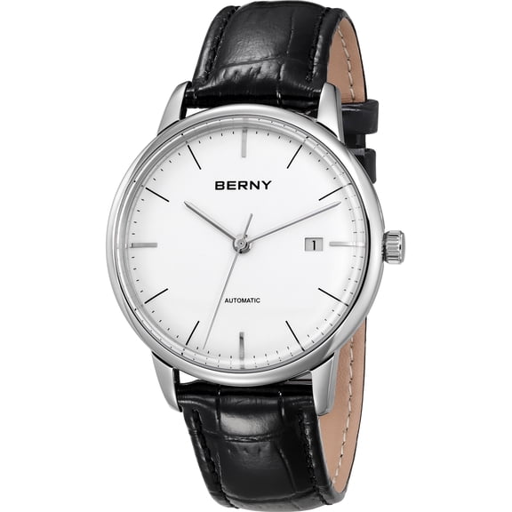 BERNY Automatic Watches for Men, Minimalist Mens Dress Watch with Date, Leather Strap, Self Winding Mechanical 50M Waterproof Casual Business Men's Wristwatch, Gifts for Him