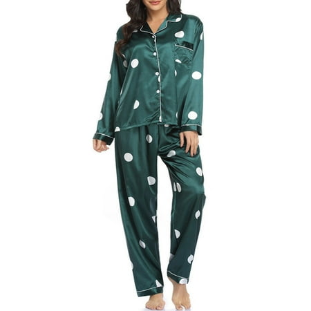 

Walmeck Women Pajamas Set Long Sleeve Soft Satin Notched Collar Button Down Pjs Sleepwear