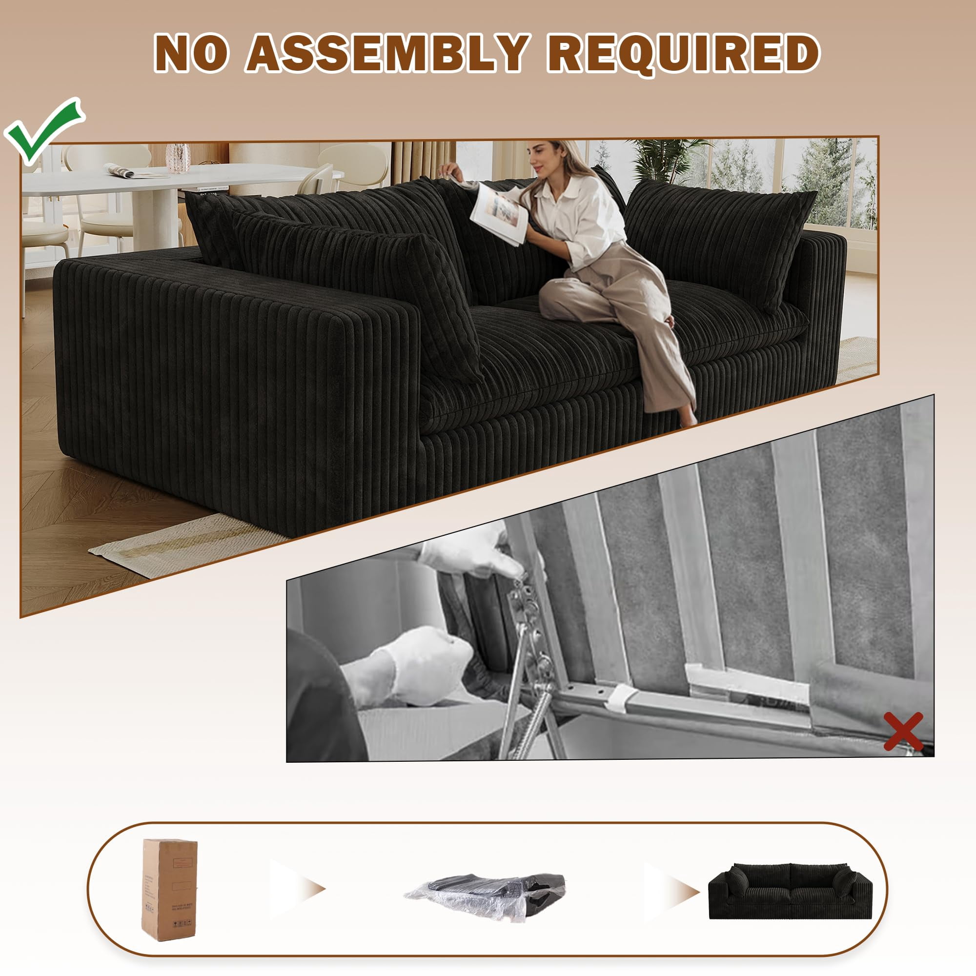 78.8" Corduroy Boneless Loveseat Couch with Removable Cushion, Cloud sectional Sofa, No Assembly Required, Compression Sofa in a Box, DlY Combination for Living Room