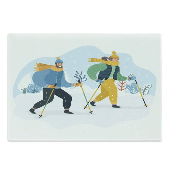 Winter Cutting Board, Scandinavian Inspired Happy Couple Walking on Snow with Ski Elements, Decorative Tempered Glass Cutting and Serving Board, in 3 Sizes, by Ambesonne