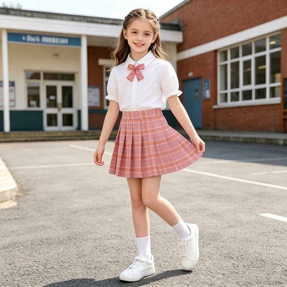 HAOTAGS Outfit Sets for Girls, School Uniform Short Sleeve Collared Top Pleated Skirt Set with Brooch School Outfit Sets Pink Size 7