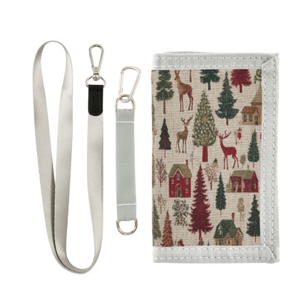 Cloth Wallet with Lanyard & Multiple Compartments Fashion Purse Zipper Clutch Bag for Cash Cards Coins Christmas Trees Deer and Houses