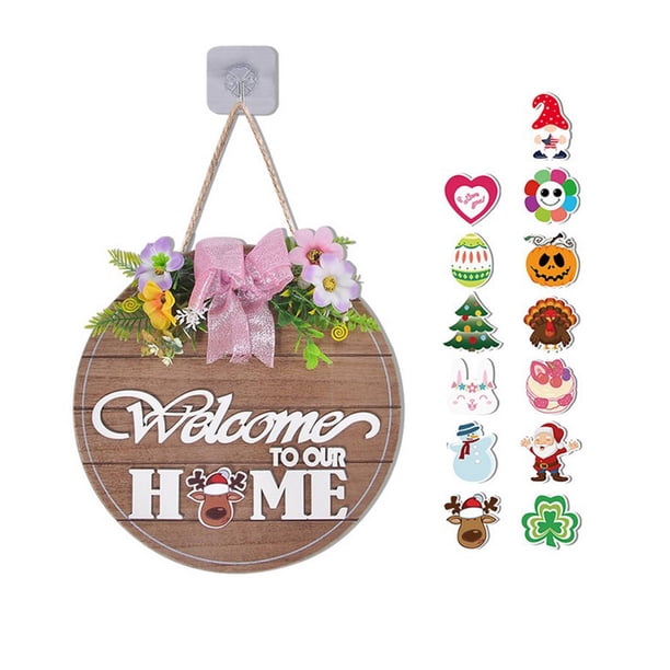 Inteprter Placas de bienvenida de Año Nuevo de Acción de Gracias, patio trasero, puerta de entrada de jardín, letreros de colgantes, decoración Kits de decoración para fiestas Lazo rosa Inteprter HA065332-02