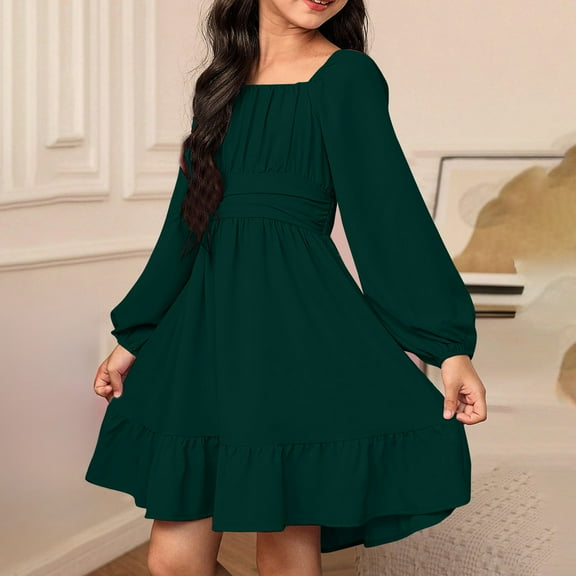 Kids Dress for Girls Dark Green Long Sleeve Girls Fall Dress Girls Flower Girl Dress Girls Christmas Outfit 10-11 Years