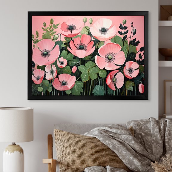 Designart "Minimalist Bloom Pink and Green Poppies" Floral Framed Wall Art Decor - Traditional Pink Poppies Hallway Framed Wall Art Decor