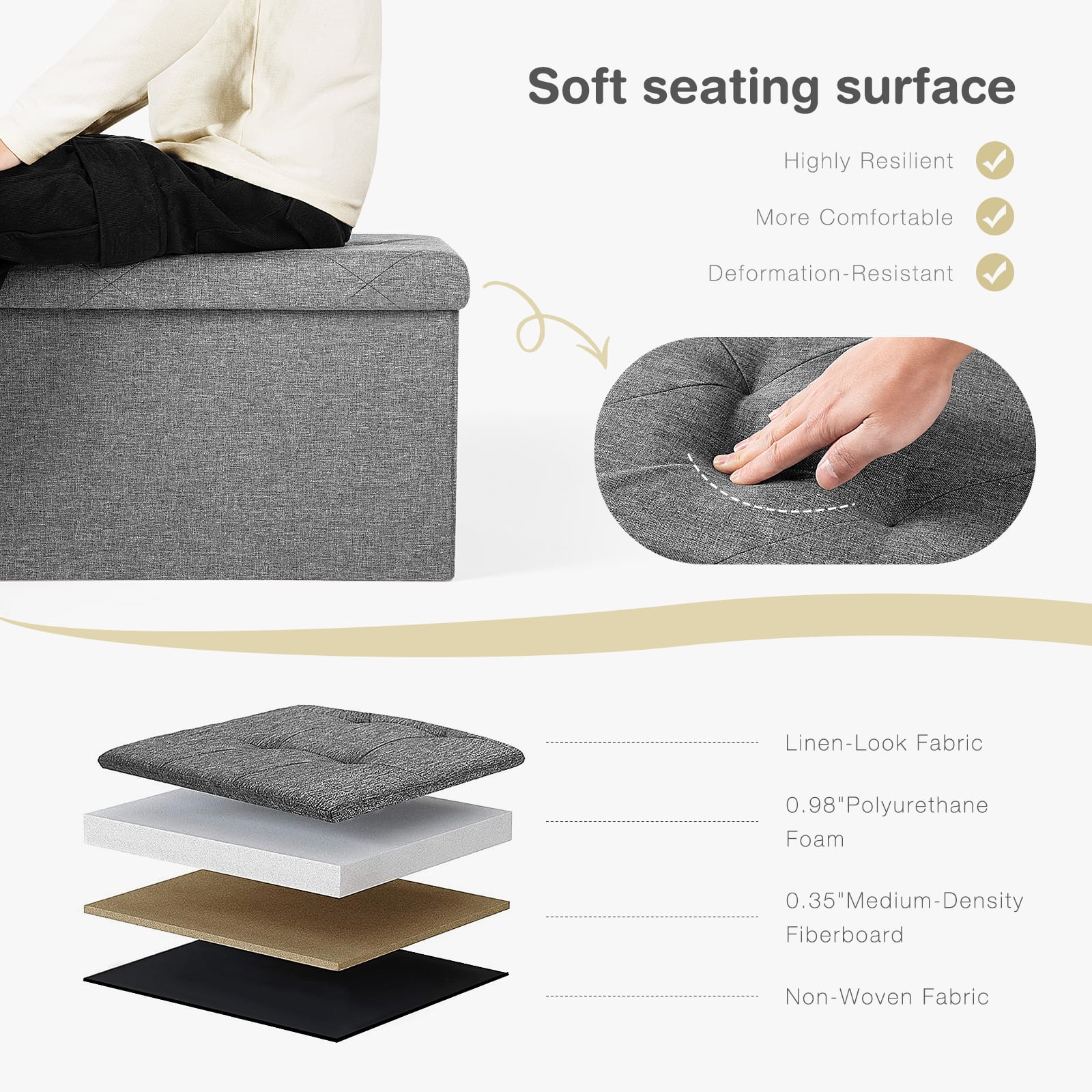GIANNA 43" Folding Storage Ottoman Bench, Foot Rest Stool Storage Chest, Multi-functional, Gray