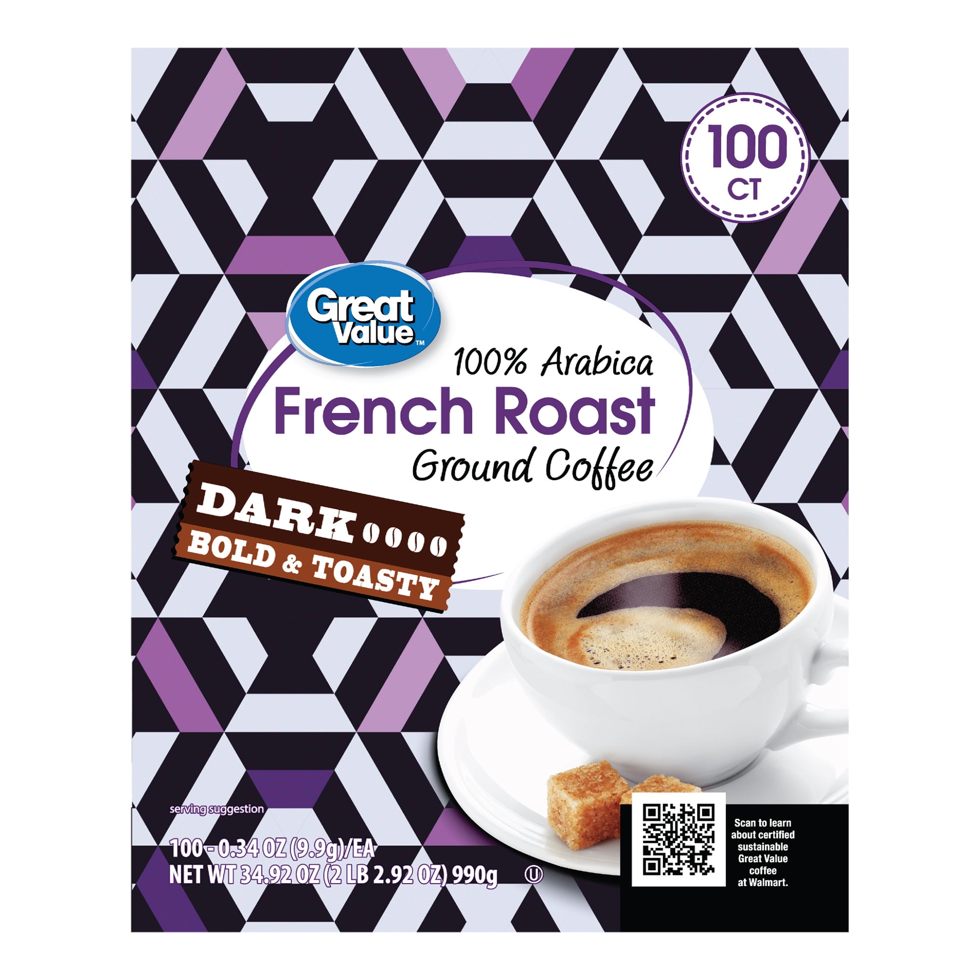 Great Value 100% Arabica French Dark Roast Ground Coffee Pods, 34.9 oz, 100 Count