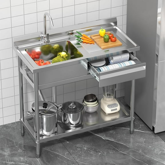 39" Utility Sink Freestanding Single Bowl Laundry Sink with Hot and Cold Water Plumbing Workbench & Storage Stainless Steel Sink for Kitchen and Bathroom