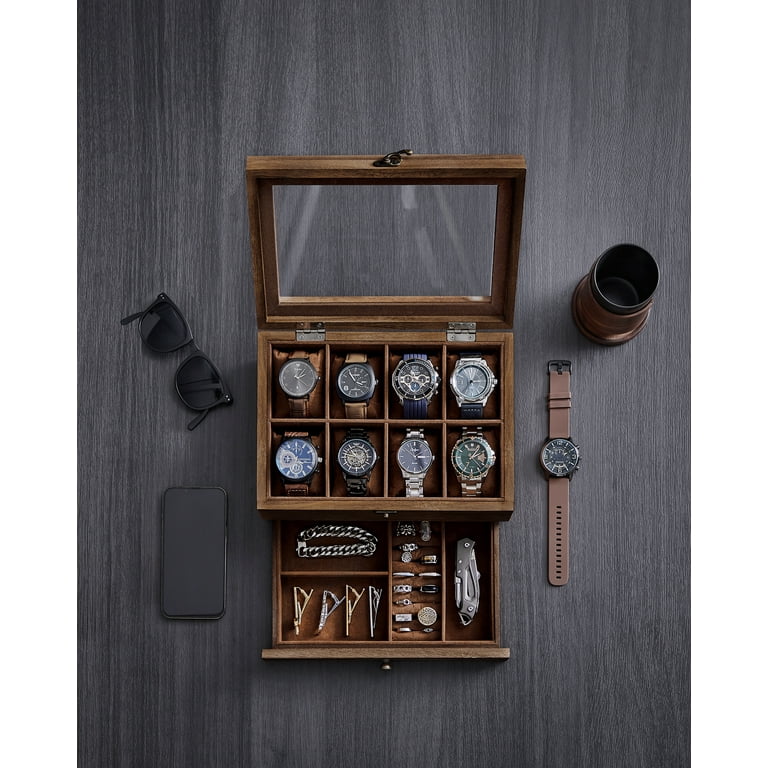 SONGMICS 2 Tier Watch Box with Glass Lid Rustic Walnut 8 Slot