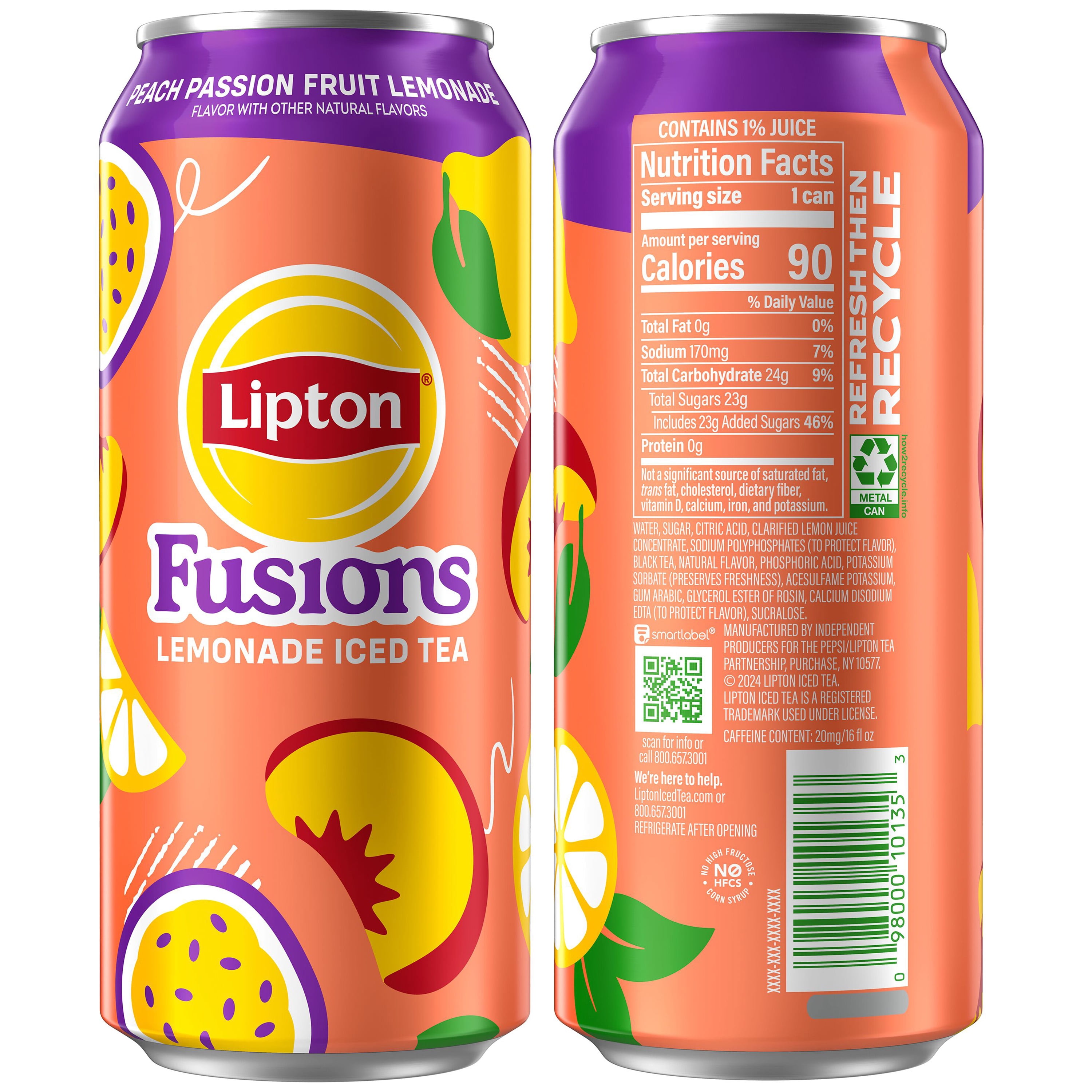 Lipton Fusions Peach Passionfruit Lemonade Iced Tea, 16 fl oz Cans (pack of 12)