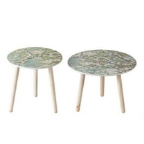 Benjara Byle 16- 20" Side Table Set of 2- Floral Design- Cherry Blossom- Blue