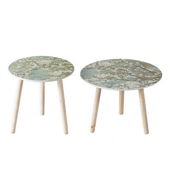 Benjara Byle 16, 20 Inch Side Table Set of 2, Floral Design, Cherry Blossom, Blue