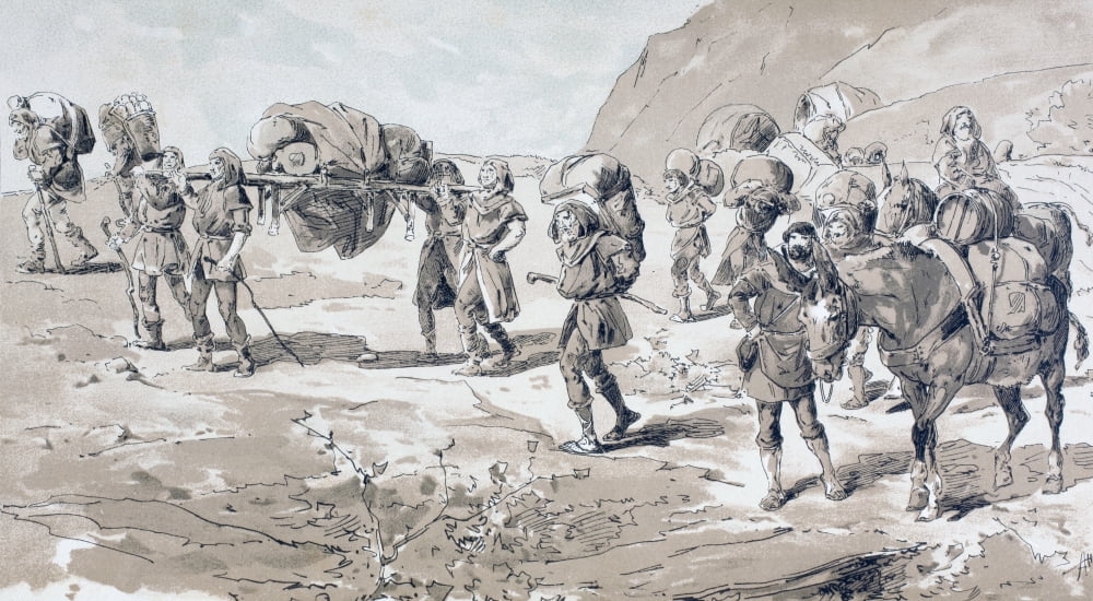 Transport Methods Circa 11Th Century Porters Carrying Goods In Baskets On Their Backs Men Carrying Goods On A Stretcher Muleteers With Laden Mules After A Watercolour By A Heins From Cortege Historiqu