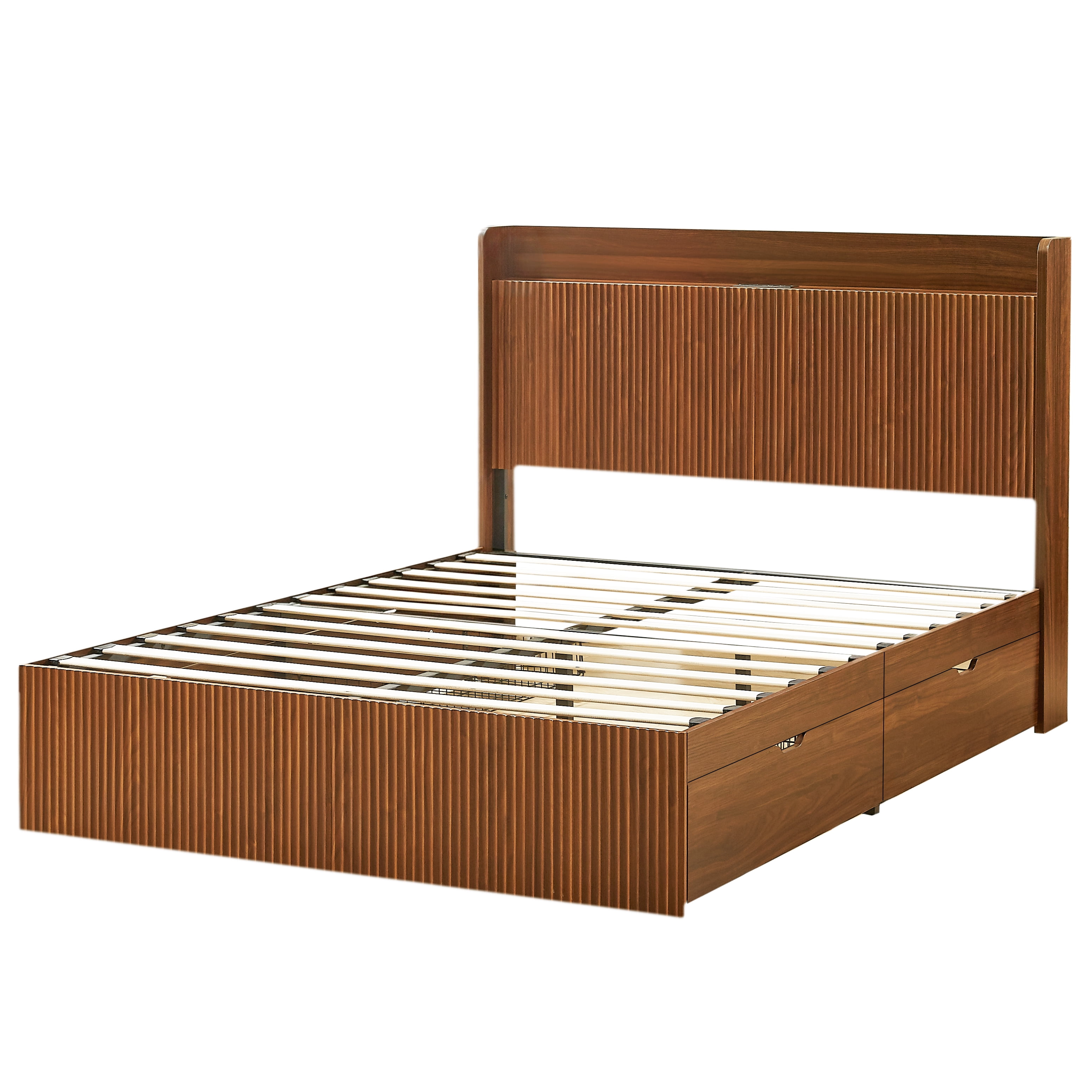 GARITIN Queen Size Platform Bed Frame with 4 Storage Drawers & Built-in Charging Station, Wooden Storage Box Bed, Large Capacity Organizer for Bedroom, Walnut