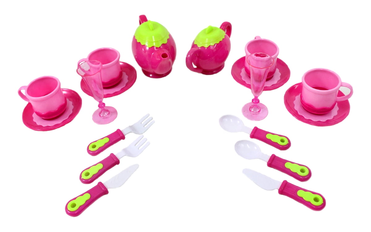 PlayWorld Kitchen Connection Deluxe Pink Tea Set For Kids With Tea Pots, Cups, Dishes And Kitchen Utensils 18 pcs