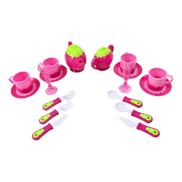 PlayWorld Kitchen Connection Deluxe Pink Tea Set For Kids With Tea Pots,  Cups, Dishes And Kitchen Utensils 18 pcs