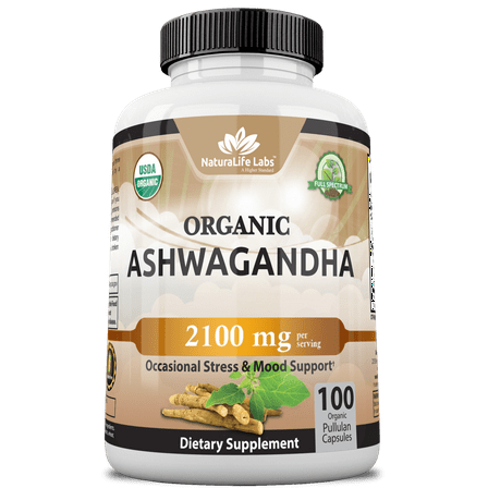Organic Ashwagandha 2,100 mg - 100 Vegan Capsules Pure Organic Ashwagandha Powder and Root Extract