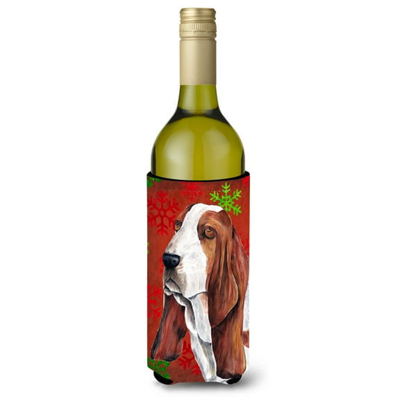 Carolines Treasures SC9412LITERK Basset Hound Red and Green Snowflakes Holiday Christmas Wine Bottle Hugger Wine Bottle