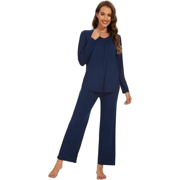 WiWi Womens Pajamas Set Sleepwear Loungewear Long Sleeve Pajama Sets Soft Pjs with Pockets Viscose from Bamboo S-XXL, Navy, Large