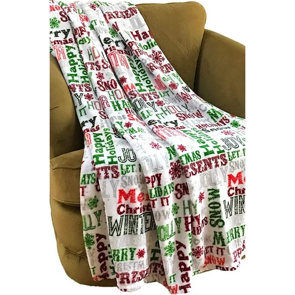 Serafina Home Christmas Holiday Plush Throw Blanket: Holly Joy Merry Words Design, Red Green Silver White