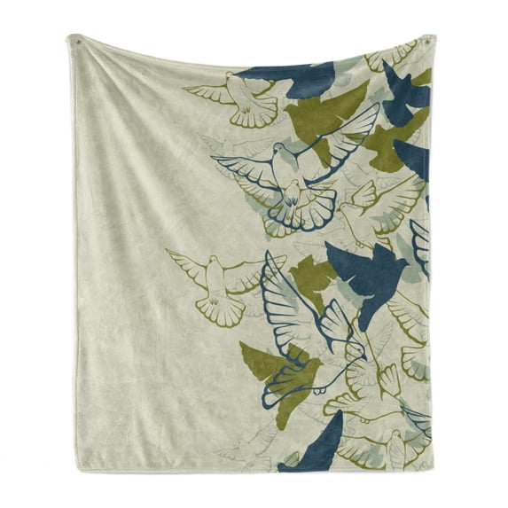 Birds Soft Flannel Fleece Blanket, Original Colored Image of a Flock Flying Pigeons in the Sky Wings Future Theme, Cozy Plush for Indoor and Outdoor Use, 70" x 90", Green Teal Cream, by Ambesonne