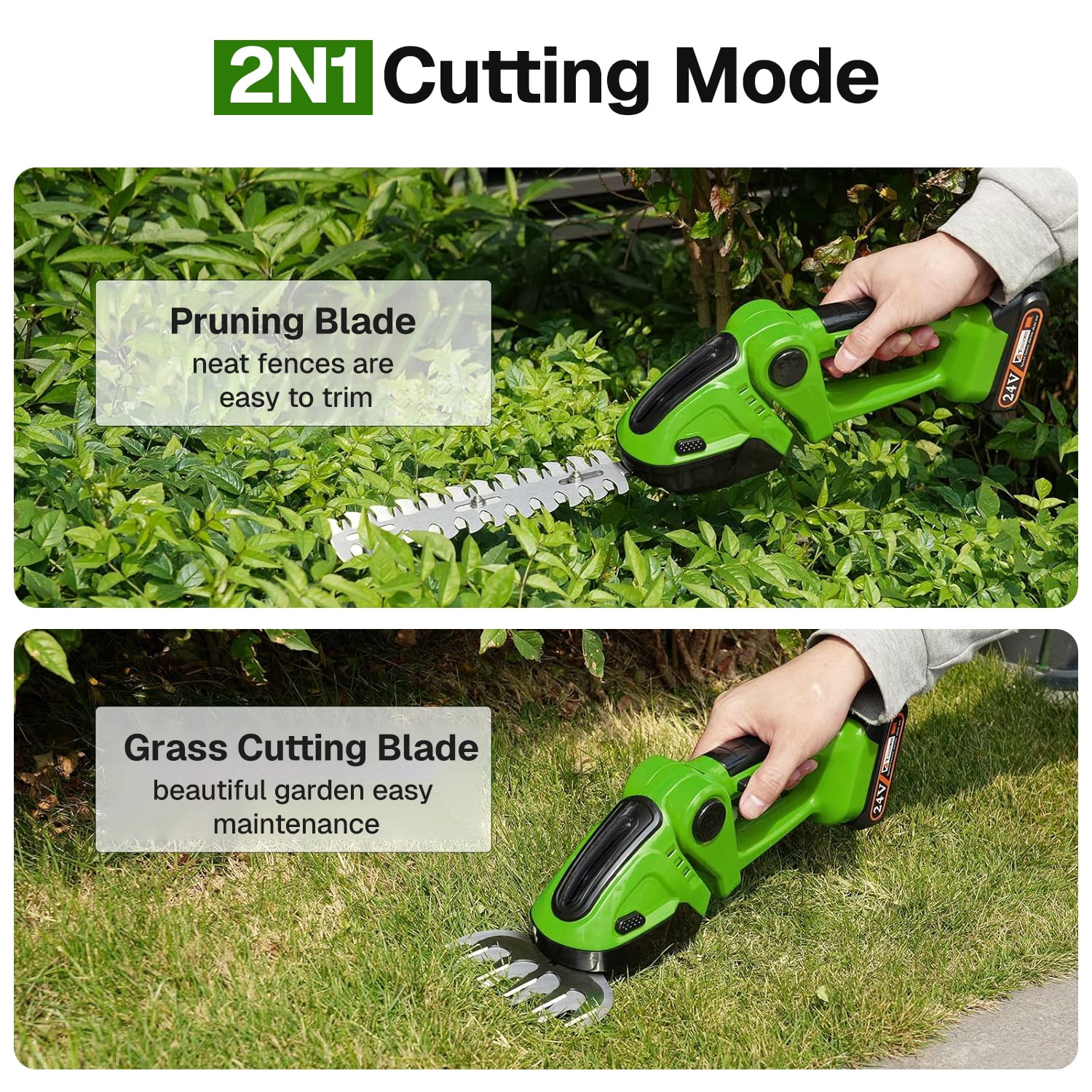 BN-LINK Cordless Hedge Trimmer with Battery Electric Grass Trimmer Hedge Shears 2 in 1 Handheld Mini Grass Cutter