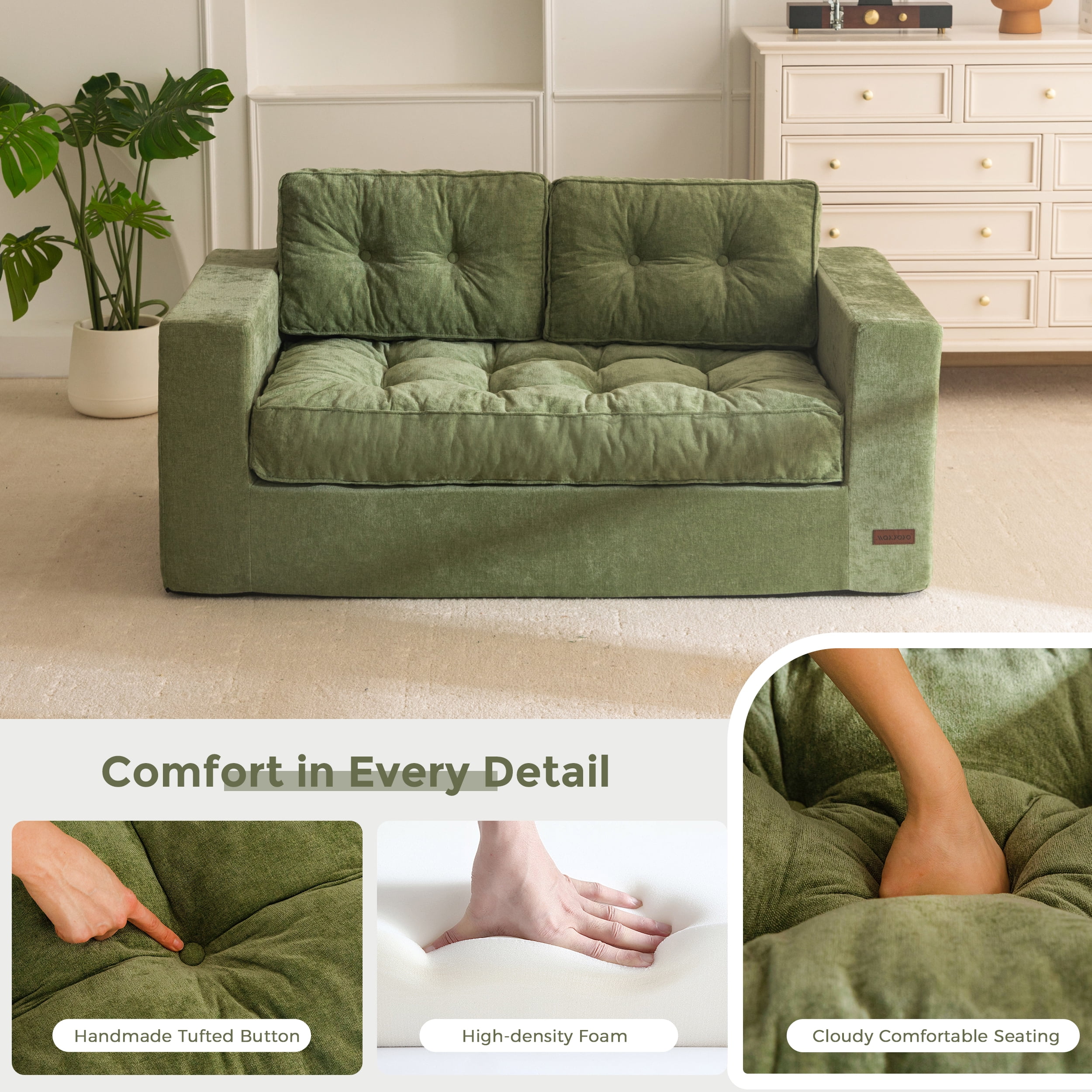 BYBYME 2 Seater Boneless Couch,Chenille Comfy Sofa with Extra Deep Seats for Living Room,Loveseat Bean Bag Chair,Green