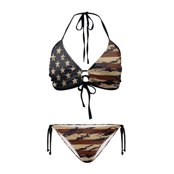 chaqlin Women's Camouflage American Flag Halter Bikini Set - Sexy Two Piece Triangle Swimsuit with Tie Side Bottoms for Beach & Vacation