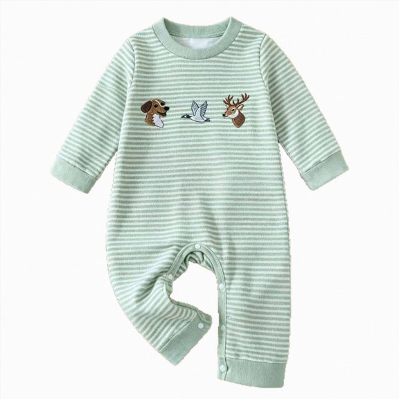 larppty Baby Boy Long Sleeve Jumpsuit Romper Hunting Outfit Fall Clothes | Crew neck, Waffle Baby Boy Romper, Hunting Duck Embroidery, ribbed trim, full length, One Piece Outfits