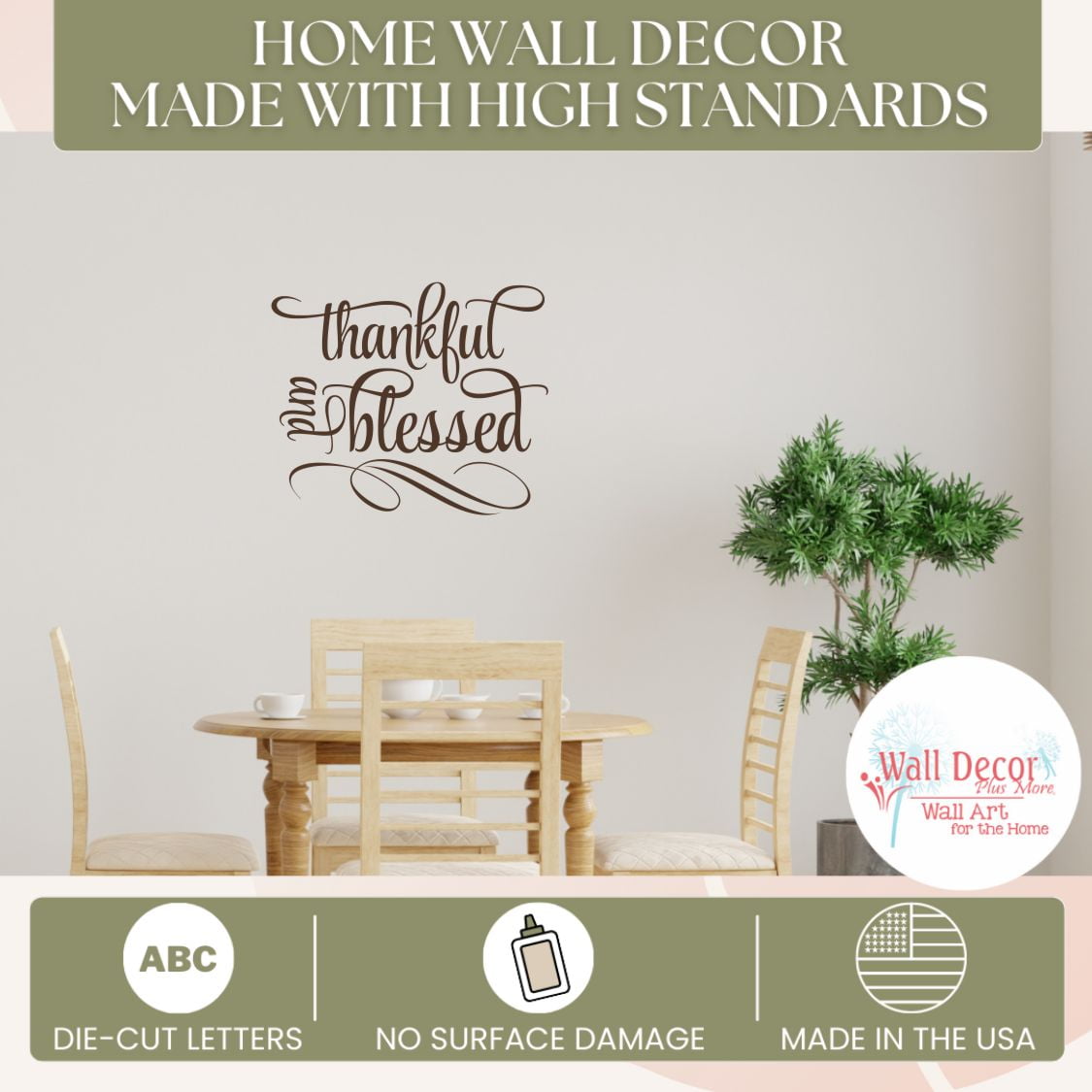 Kitchen Wall Art Decal Thankful Blessed Cursive Word Quote Swirls Wall Stickers 23x19-Inch Chocolate Brown