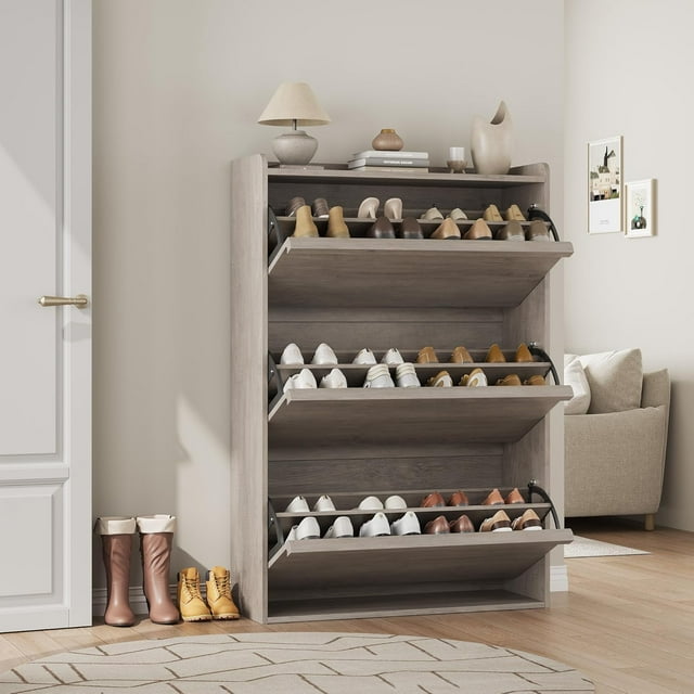 Shoe Cabinet with 3 Flip Drawers, Modern Shoe Storage for Entryway, Wooden Shoe Organizer Cabinet with Adjustable Shelf, Hidden Shoe Rack for Hallway, Living Room, Natural