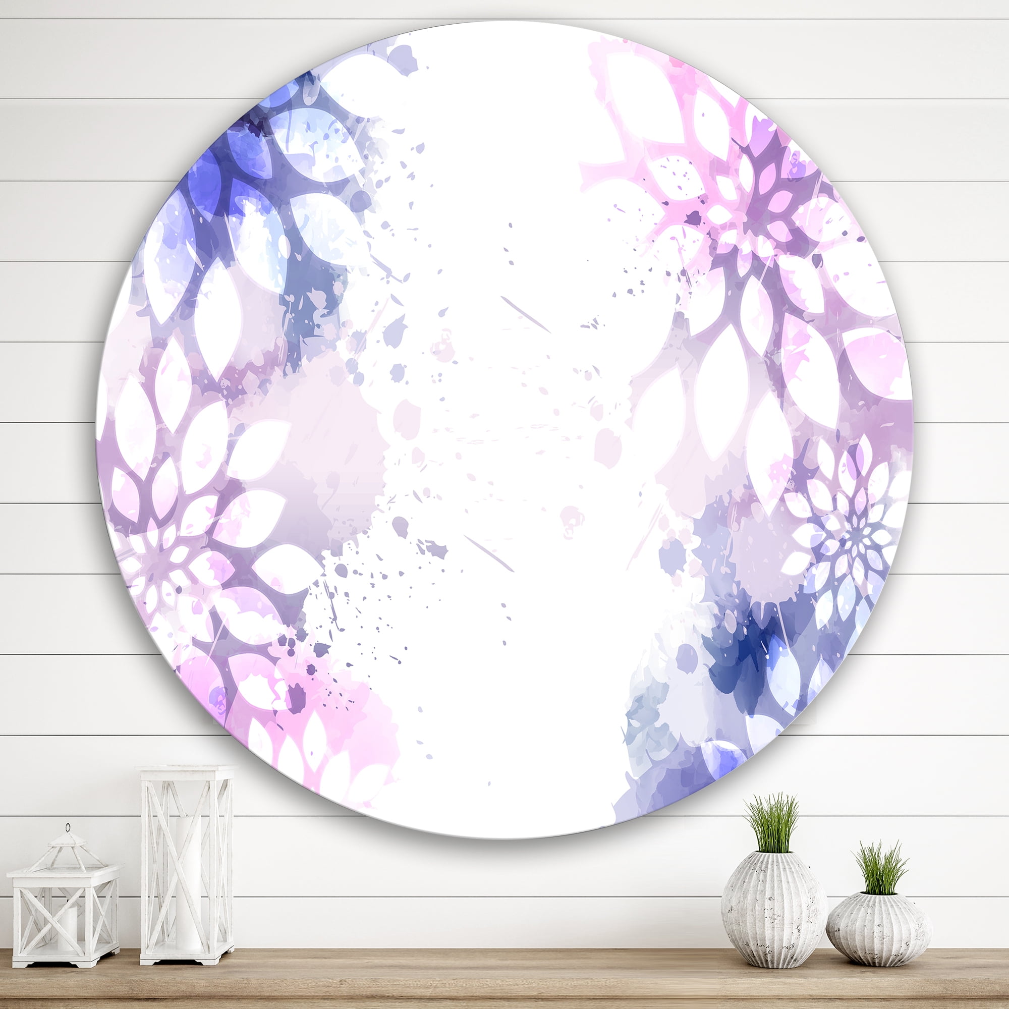 Designart 'Pink and Purple Abstract With Colorful Splashes II' Modern Circle Metal Wall Art 29x29 - Disc of 29