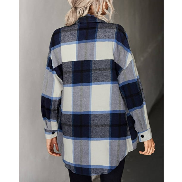 Women Plaid Shirt High Low Hem Turn Down Collar Classic Long Sleeve Cardigan for Female Lady Walmart