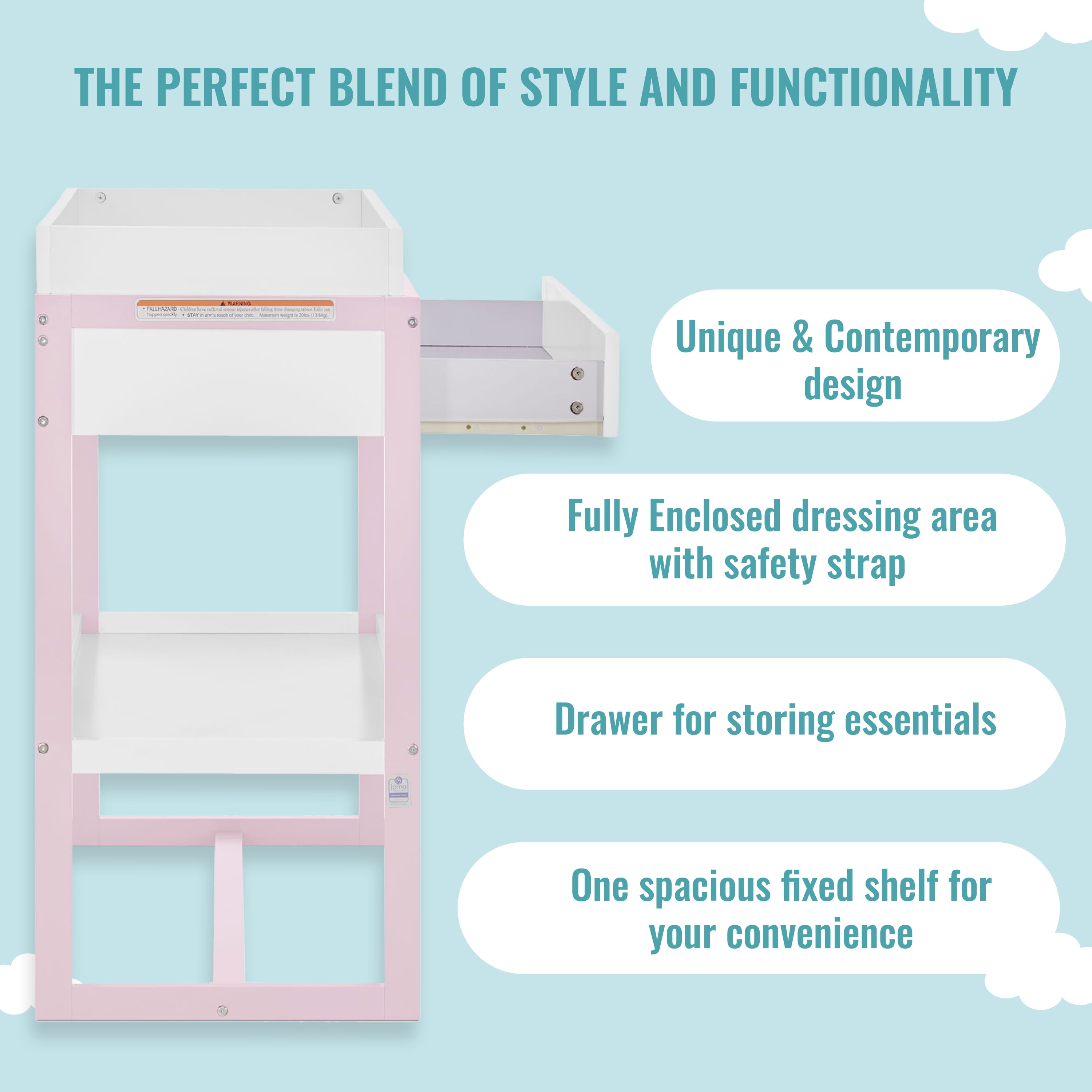 Dream On Me Arlo Changing Table, Made of Solid New Zealand Pinewood, Blush Pink