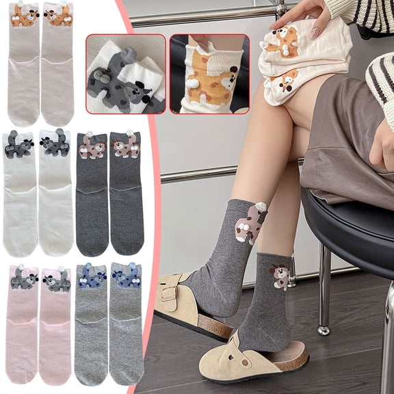 Cute Funny Dog Pattern Mid-Calf Socks with Balls - Breathable Cotton Blend & Stretchy Fit Novelty Socks for Women, Casual Comfortable Socks for Daily Wear Home Office School, 6.7*3in, Dark Gray