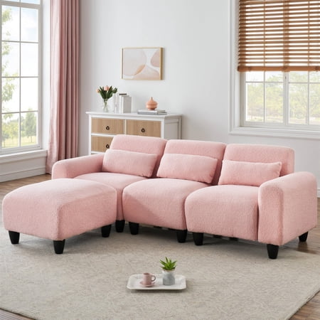 Aukfa 85" Modular Sectional Couch Deep Seat Sofa for Living Room, Teddy Fleece Pink
