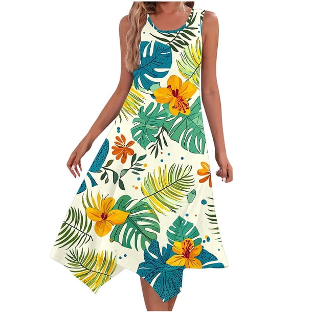 Una Línea Vestidos de Verano para las Mujeres 2025 Impresión Bolsillos Vestido de Camiseta, Cuello Redondo Vestido de Playa sin Mangas