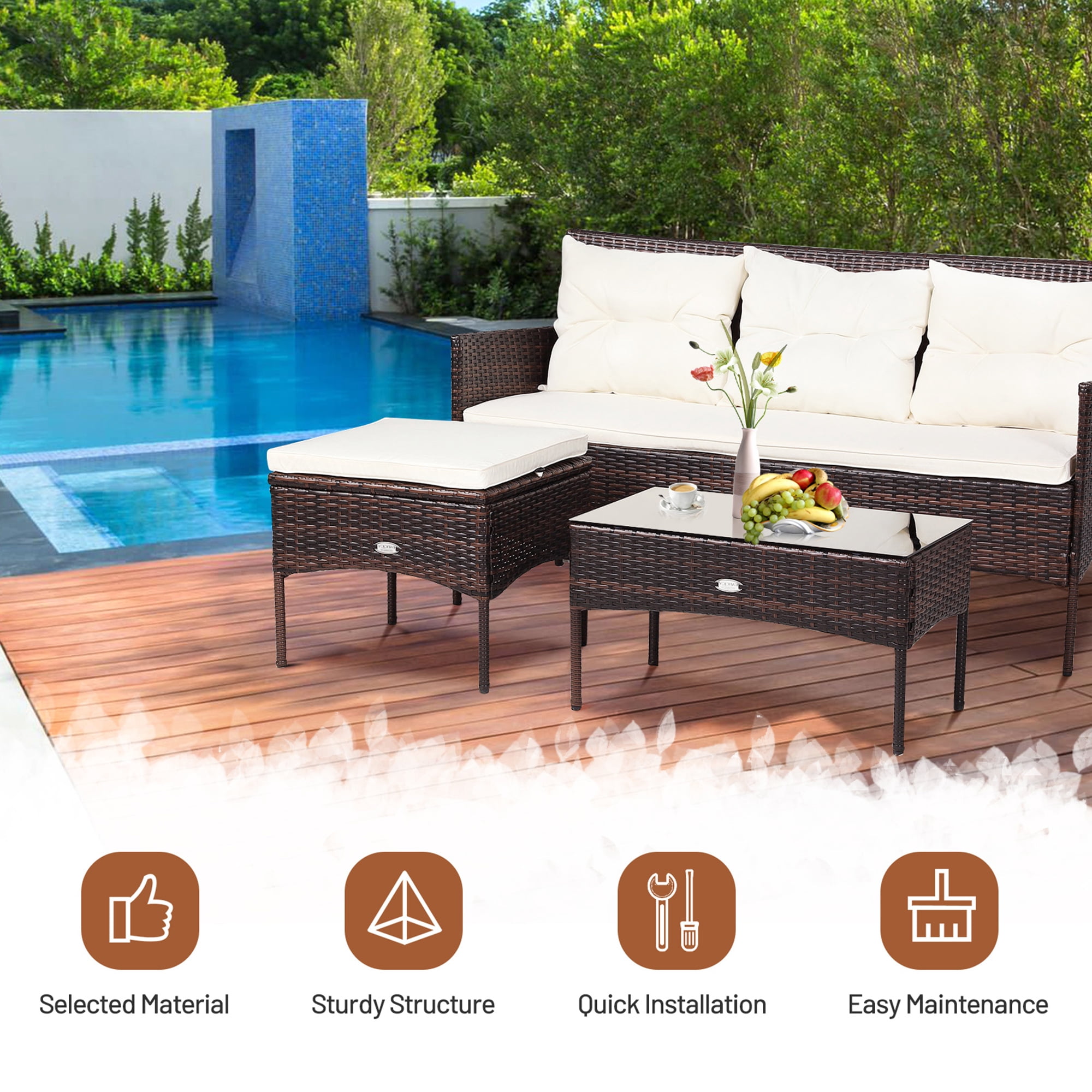 Gymax 3PCS Patio Rattan Sectional Conversation Furniture Set w/ Off White Cushions