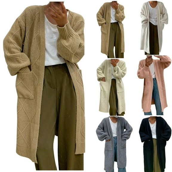 Lovskoo 2024 Cardigan Sweaters for Women Open Front Long Sleeve Leisure Medium Long Cable Knit Thick Knitting Oversized Winter Outerwear Tops Brown